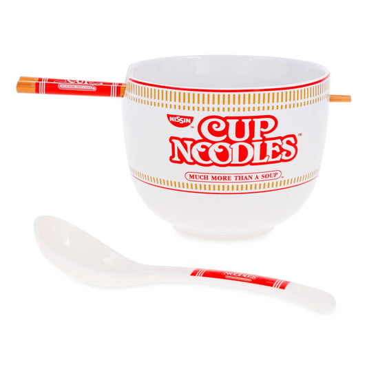 Silver Buffalo Nissin Cup of Noodles “Much More Than a Soup” Ceramic Ramen Bowl Set with Chopsticks and Spoon, 20 Ounces