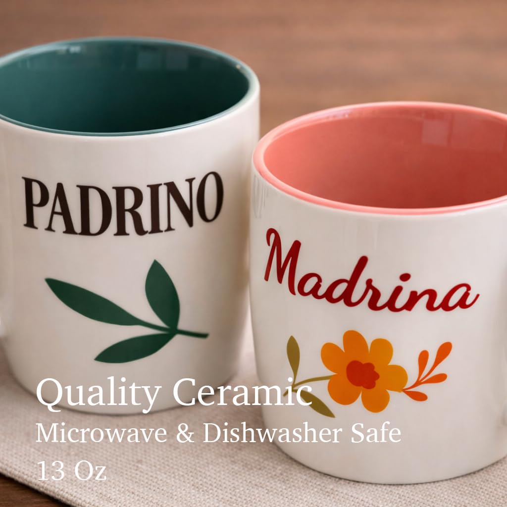 Triple Gifffted Padrino and Madrina Coffee Mugs Set, Godparents Gifts for Baptism or Christening, Proposal Gift Asking Godfather Godmother, Religious Keepsake, Christmas Day, 13oz Ceramic