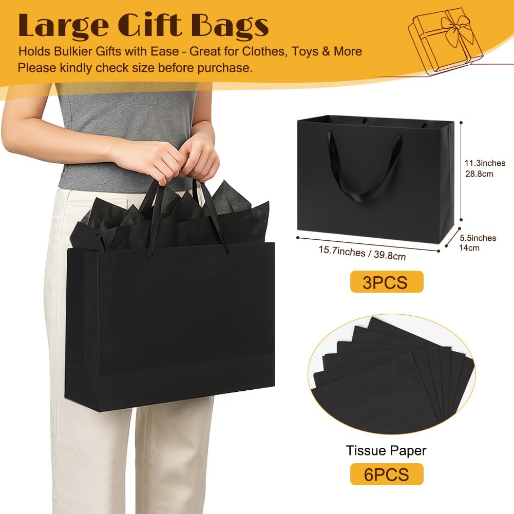 Shintop 3pcs Extra Large Black Gift Bags with Handles, 15.7 x 11.3 x 5.5 in Reusable Big Paper Present Bags with Tissue Paper for Men, Birthday, Business or Holiday Use