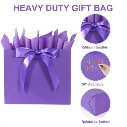 Elegant Purple Gift Bag 11.8"x4.5"x9.8" with Ribbons Handles, Includes Card and Tissue for Weddings, Birthdays, Baby Shower Parties, Holidays