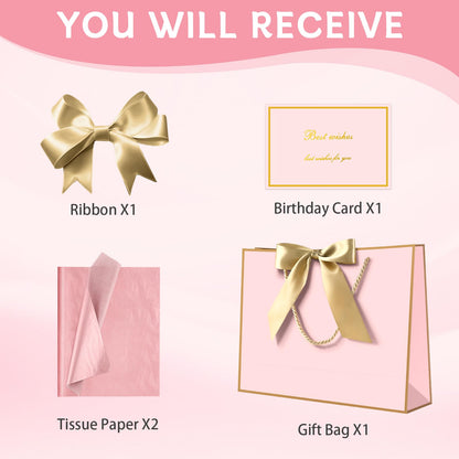 JMANNI Pink Gift Bags with Handles, 13” Medium Gift Bag for Presents, 1 Pcs Bags with 2 Tissue Paper and 1 Cards for Baby Shower Wedding Bridal Shower Mother's Day Birthday Party (Pink Golden)