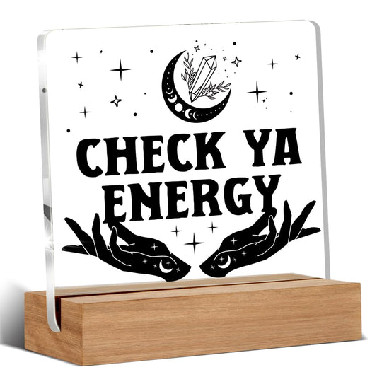 Witchy Gifts for Women Men, Spiritual Witch Gifts, Check Ya Energy Witchy Desk Decor Acrylic Plaque for Home Office Room