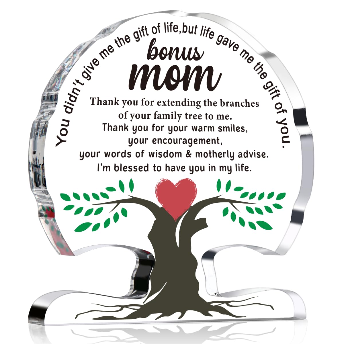 Bonus Mom Gifts from Daughter Son, Birthday Gift for Step New Mom, Stepmother, Mother, Unique Thank You Mom Gifts Acrylic Tree Desk Signs Home Decor Plaque, Mothers Moms Day Gift