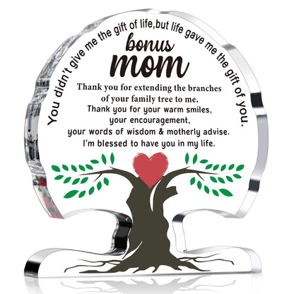 Bonus Mom Gifts from Daughter Son, Birthday Gift for Step New Mom, Stepmother, Mother, Unique Thank You Mom Gifts Acrylic Tree Desk Signs Home Decor Plaque, Mothers Moms Day Gift
