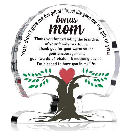 Bonus Mom Gifts from Daughter Son, Birthday Gift for Step New Mom, Stepmother, Mother, Unique Thank You Mom Gifts Acrylic Tree Desk Signs Home Decor Plaque, Mothers Moms Day Gift