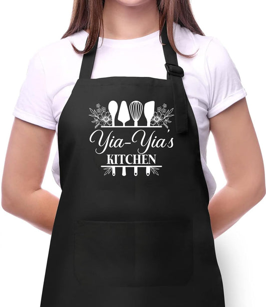 Yia-Yia's Kitchen Apron - Kitchen Apron For Mom - Cooking Apron With Pocket - Mother's Day Gifts For Yia-Yia - Birthday Gift For Yia-Yia - Baker Gift - Apron For Women - Yia-Yia Chef Apron, Black