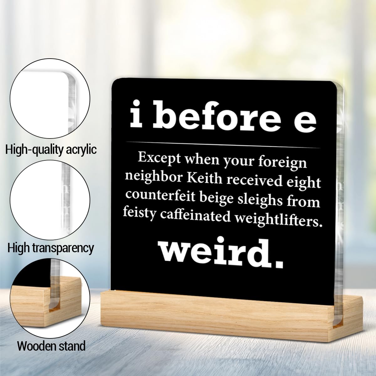 English Teacher Gifts for Women Men, Funny Gifts for English Grammar Teacher Birthday Christmas Back to School, I Before E Acrylic Plaque Sign Decor