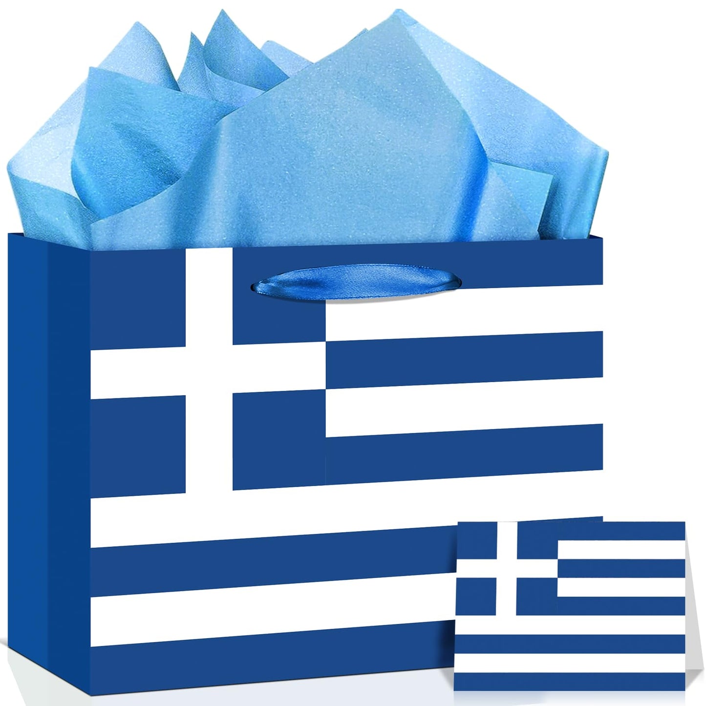 Neptniopllab Greek Flag Gift Bag with Card & Wrapping Papers,Blue White Greece Theme Party Decorations Gift Bag for National Day of Greece,Birthday,Greek Family Gathering Dining,Goodie Treat Bag
