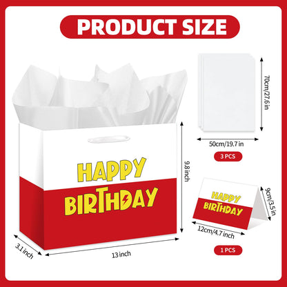 HSKMAKE Cartoon Animation Birthday Gift Bag Large Red White Party Favors Goodie Bag Cartoon Animation Happy Birtthday Gift Bag With Greeting Card Tissue Paper For Party Supplies