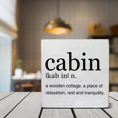 Cabin Definition Art Wooden Box Sign Rustic Farmhouse Cabin Desk Decorative Wooden Sign Home Decor for Table Shelf 5 x 5 Inches