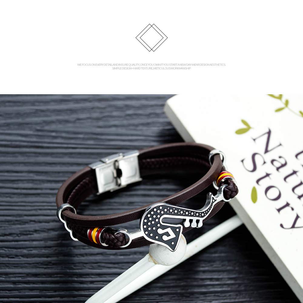 Eymi Mens Multilayer Braided Leather Cuff Bracelet Saxophone Jazz Music Jewelry, 8.3inch Adjustable
