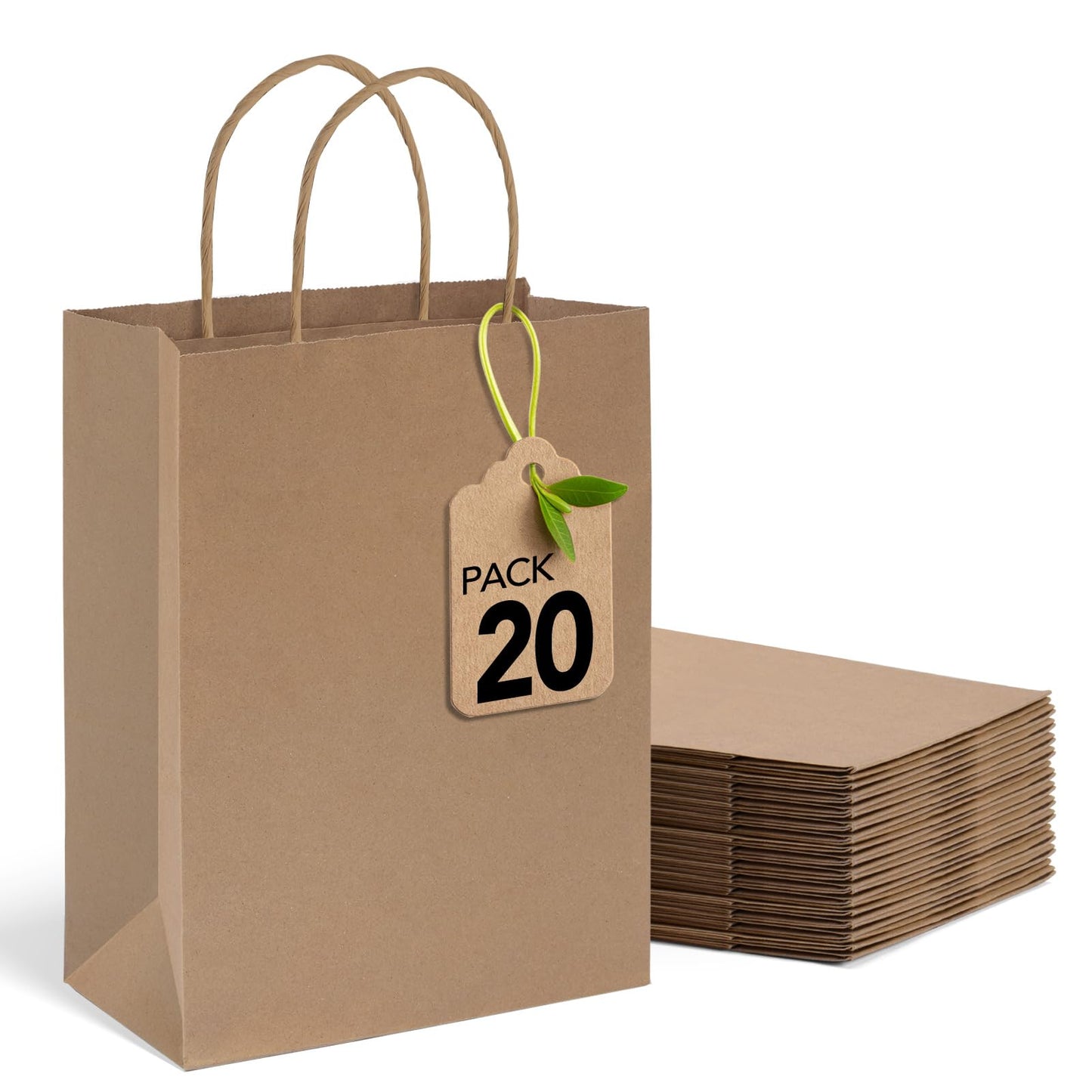 MESHA Brown Paper Bags 8x4.25x10.5 Inch 20Pcs, Paper Bags with Handles, Sturdy Brown Gift Bags for Retail, Birthday Party Favors, Shopping, Small Business (Made in USA)