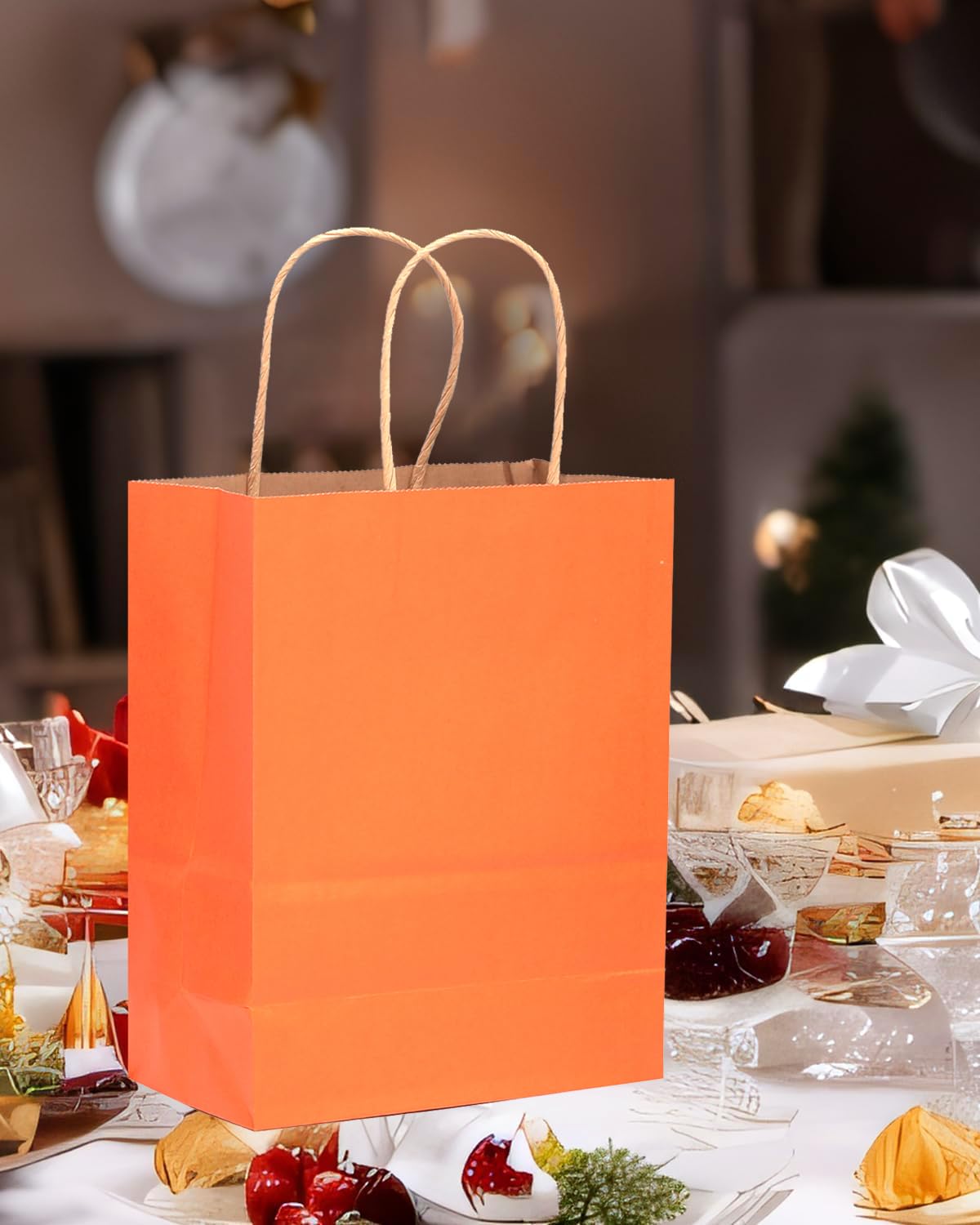 qiqee 100PCS Gift Bag with Handles Bulk Kraft Orange Paper Bags Multiple Uses (13''x5''x10'', Large Size)
