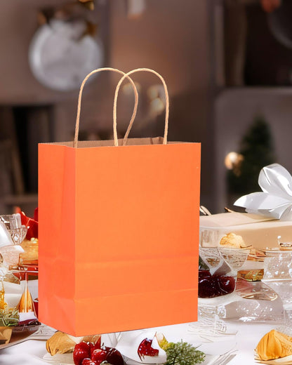 qiqee 100PCS Gift Bag with Handles Bulk Kraft Orange Paper Bags Multiple Uses (13''x5''x10'', Large Size)