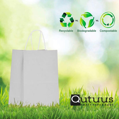 Qutuus White Paper Bags with Handles Bulk 100Pcs 8x4.5x10 White Gift Bags, Recyclable Kraft Paper Bags, Medium Paper Gift Bags for Shopping, Party Favor, Retail, Wedding