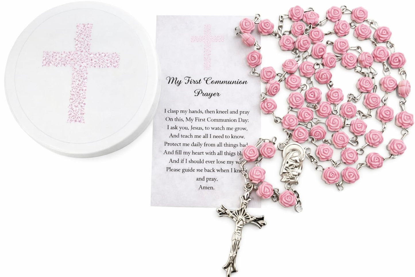 Westmon Works First Communion Rosary Set for Girls with Pink Rose Shaped Bead Case and Holy Card