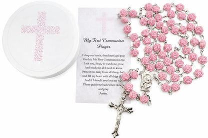 Westmon Works First Communion Rosary Set for Girls with Pink Rose Shaped Bead Case and Holy Card