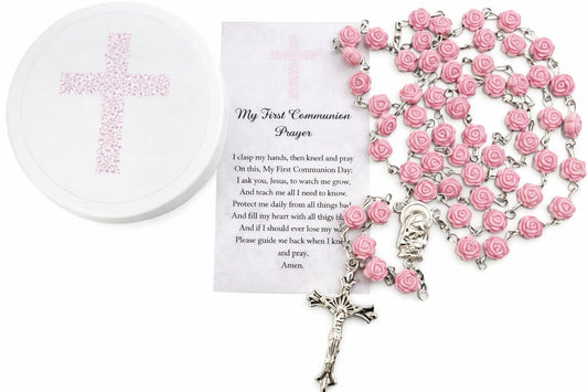 Westmon Works First Communion Rosary Set for Girls with Pink Rose Shaped Bead Case and Holy Card
