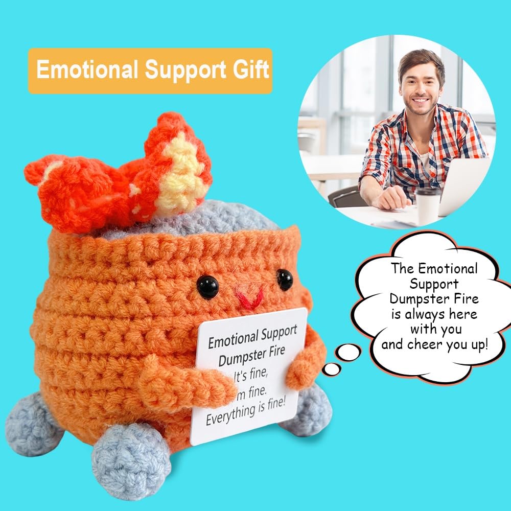 RovyFota Emotional Support Crochet Dumpster Fire with Positive Card Cute Room Decor Knitted Toys Funny Crochet Support Buddies Gifts for Friends (Orange)