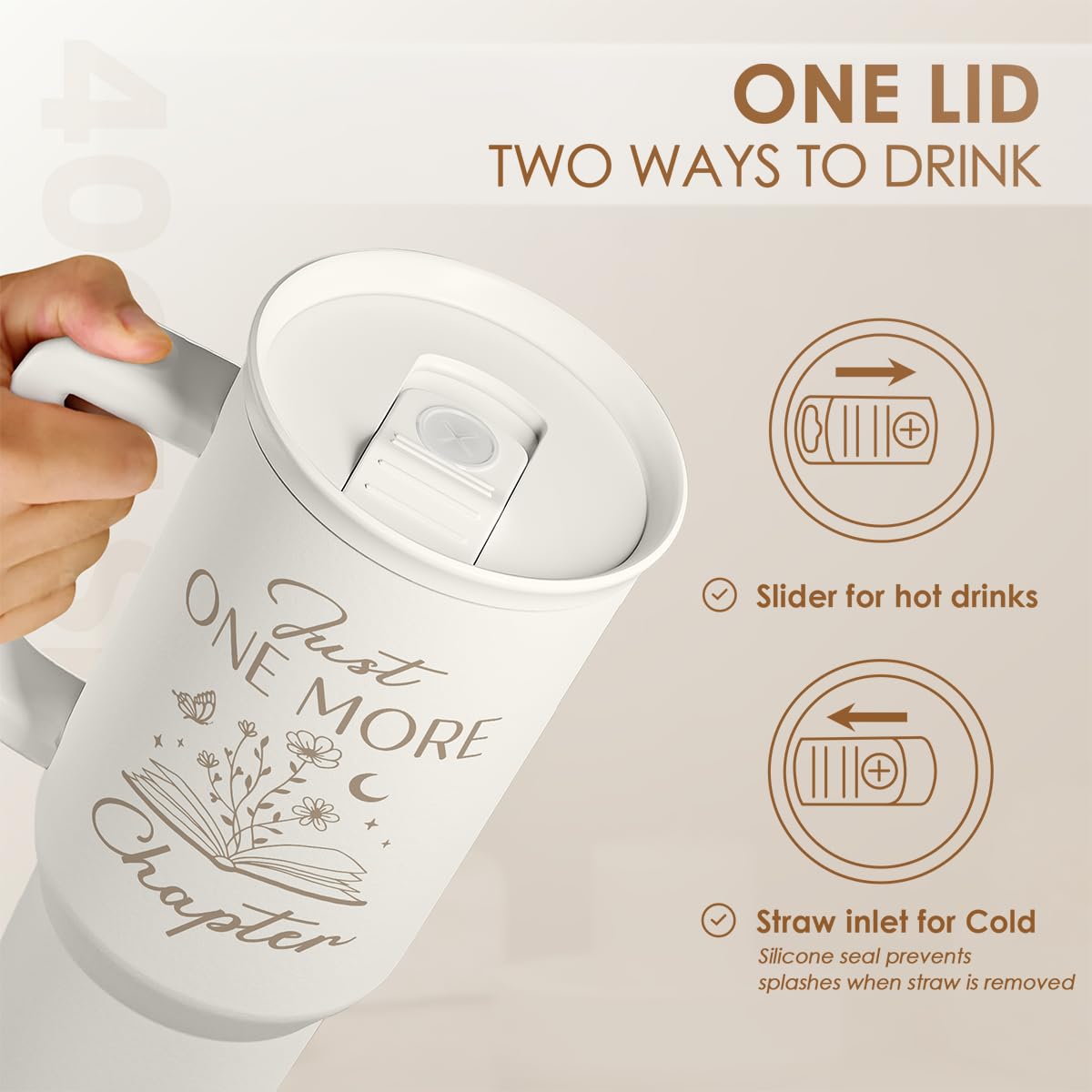 SANDJEST Book Lover Gifts for Women, Just One More Chapter Tumbler with Handle, Stainless Steel Insulated Coffee Travel Mug Cup, Gifts for Women Girls Bookworm on Christmas Birthday, 40oz