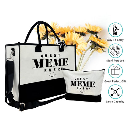 Canvas Beach Tote Bag for Women - Gift for Best Meme Ever, Birthday Present, Mother's Day - Outing Bag With Inner Pocket & Make Up Bag