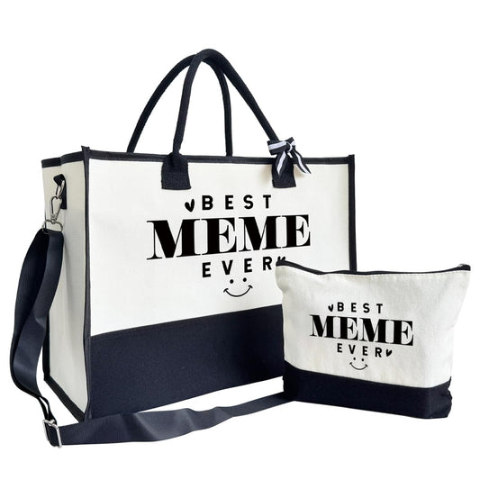 Canvas Beach Tote Bag for Women - Gift for Best Meme Ever, Birthday Present, Mother's Day - Outing Bag With Inner Pocket & Make Up Bag