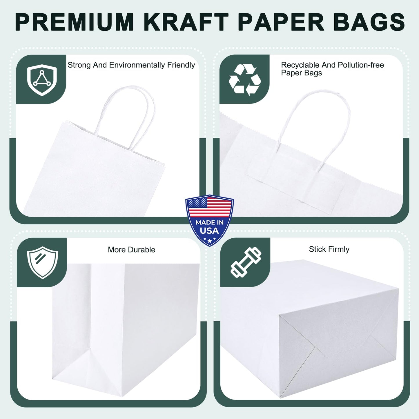 METRONIC White Paper Bags 8X4.25X10.5 20Pcs, Gift Wrap Bags with Handles, Kraft Paper Bag for Small Business, Heavy Duty Bulk Bag for Birthday Party Favors, Shopping,Take-out,Retail