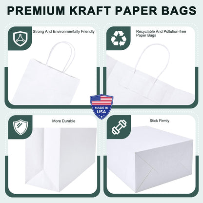 METRONIC White Paper Bags 8X4.25X10.5 20Pcs, Gift Wrap Bags with Handles, Kraft Paper Bag for Small Business, Heavy Duty Bulk Bag for Birthday Party Favors, Shopping,Take-out,Retail