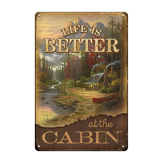 Vintage Cabin Decor Sign - Life Is Better At The Cabin Sign, Metal Tin signs for Door, Camping, Lodge, Outside, Room Wall Decor Accessories, Camping Gifts for Men Women, 8 x 12 inch