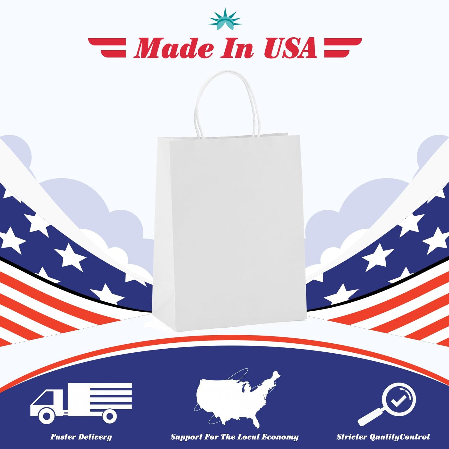 GSSUSA White Paper Bags 8X4.25X10.5 20Pcs, Gift Paper Bag with Handles Bulk, Graduation Gift, Sturdy Kraft Paper, Retail Shopping Bags, Party Favor, Christmas
