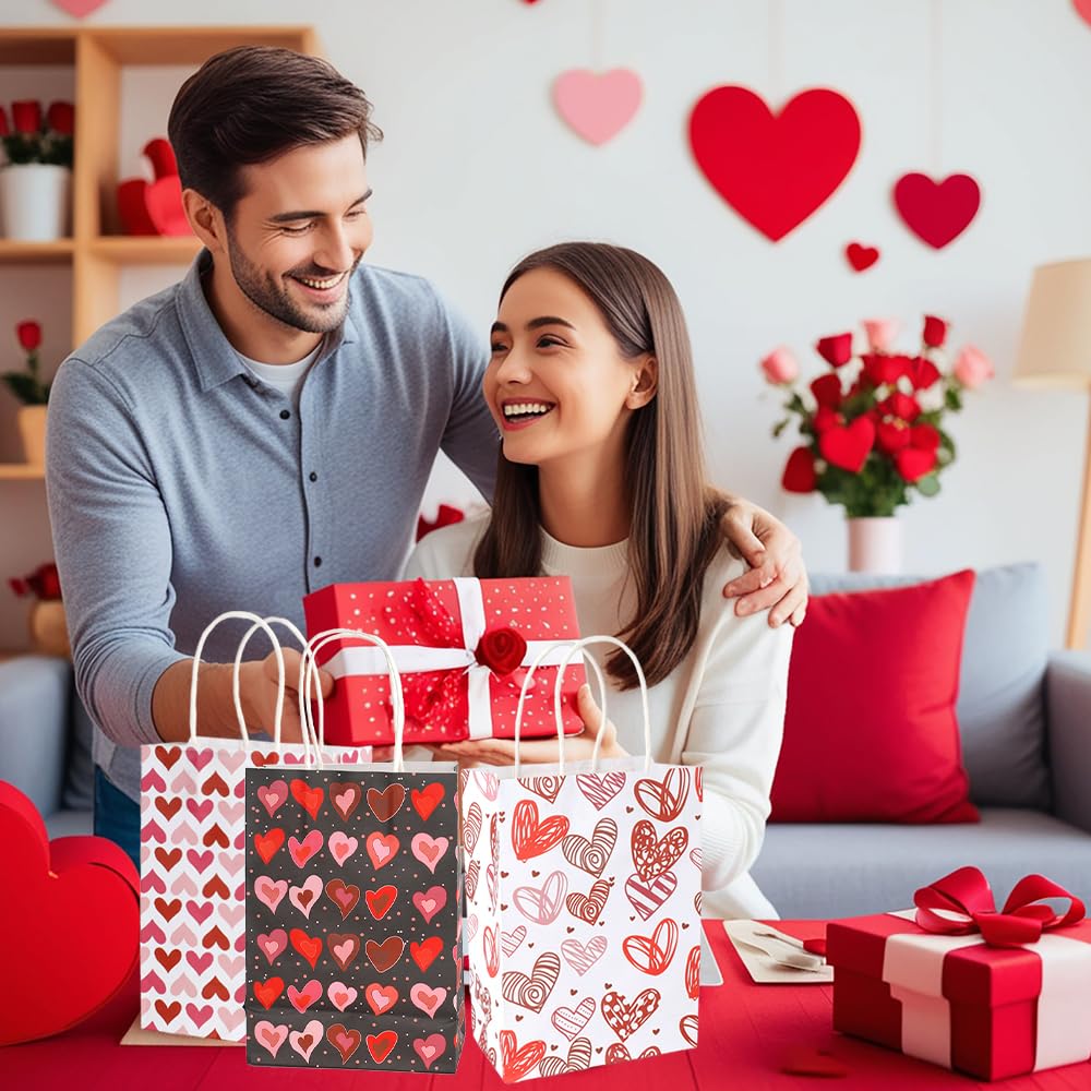 Valentines Gift Bags, 12 PCS Valentine Paper Bags with Handles, Valentines Day Gift Bag, Heart Shaped Valentine Treat Goodie Candy Cookie Bag for Valentine's Day Wedding Holiday Party Favor Supplies