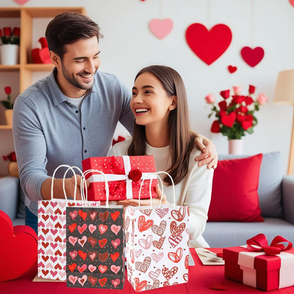 Valentines Gift Bags, 12 PCS Valentine Paper Bags with Handles, Valentines Day Gift Bag, Heart Shaped Valentine Treat Goodie Candy Cookie Bag for Valentine's Day Wedding Holiday Party Favor Supplies