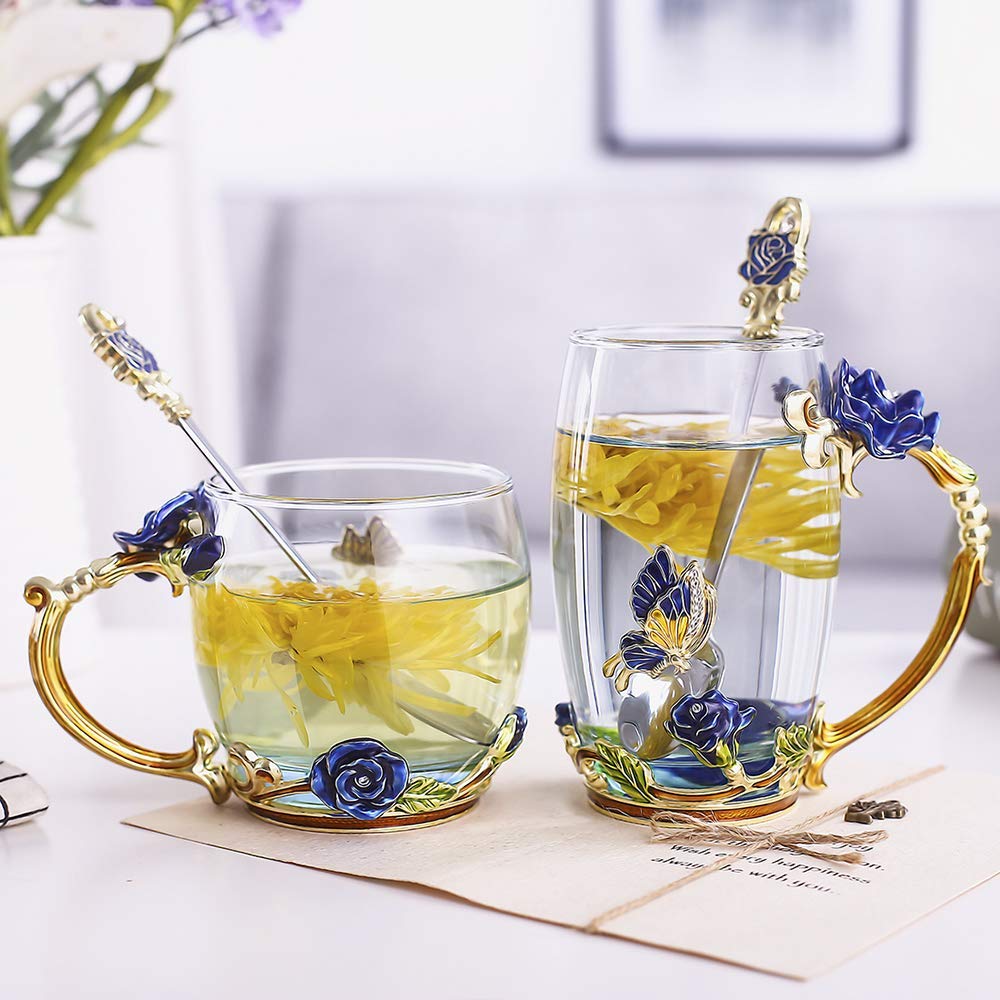 Luka Tech Enamels Butterfly flower Lead-free Glass Coffee Mugs Tea Cup with Steel Spoon, personalised Gifts For Women Wife Mom Friends Birthday Mothers Valentines Day Wedding (Blue)