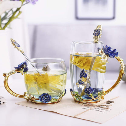 Luka Tech Enamels Butterfly flower Lead-free Glass Coffee Mugs Tea Cup with Steel Spoon, personalised Gifts For Women Wife Mom Friends Birthday Mothers Valentines Day Wedding (Blue)