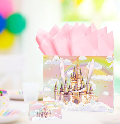 MUNILAIL 13 Inches Castle Gift Bag for Girls Large Gift Bag with Handle Tissue Paper and Greeting Card for Kids Birthday Princess Themed Party Large Paper Gift Bag