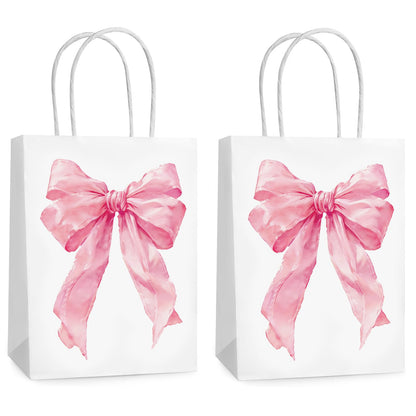 Hxezoc 12 Pieces Pink Bow Gift Bags with Handle, Paper Treat Candy Bag Girly Bow Favor Bags for Bow Theme Bachelorette Party Birthday Party Decoration Supplies