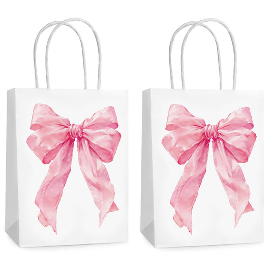 Hxezoc 12 Pieces Pink Bow Gift Bags with Handle, Paper Treat Candy Bag Girly Bow Favor Bags for Bow Theme Bachelorette Party Birthday Party Decoration Supplies
