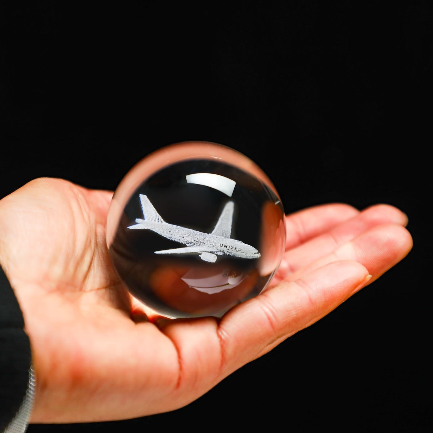 HDCRYSTALGIFTS 60mm 3D Lase Engraved Airplane Crystal Ball with Stand Glass Sphere Plane Paperweight Decor Pilot Gifts for Men Women