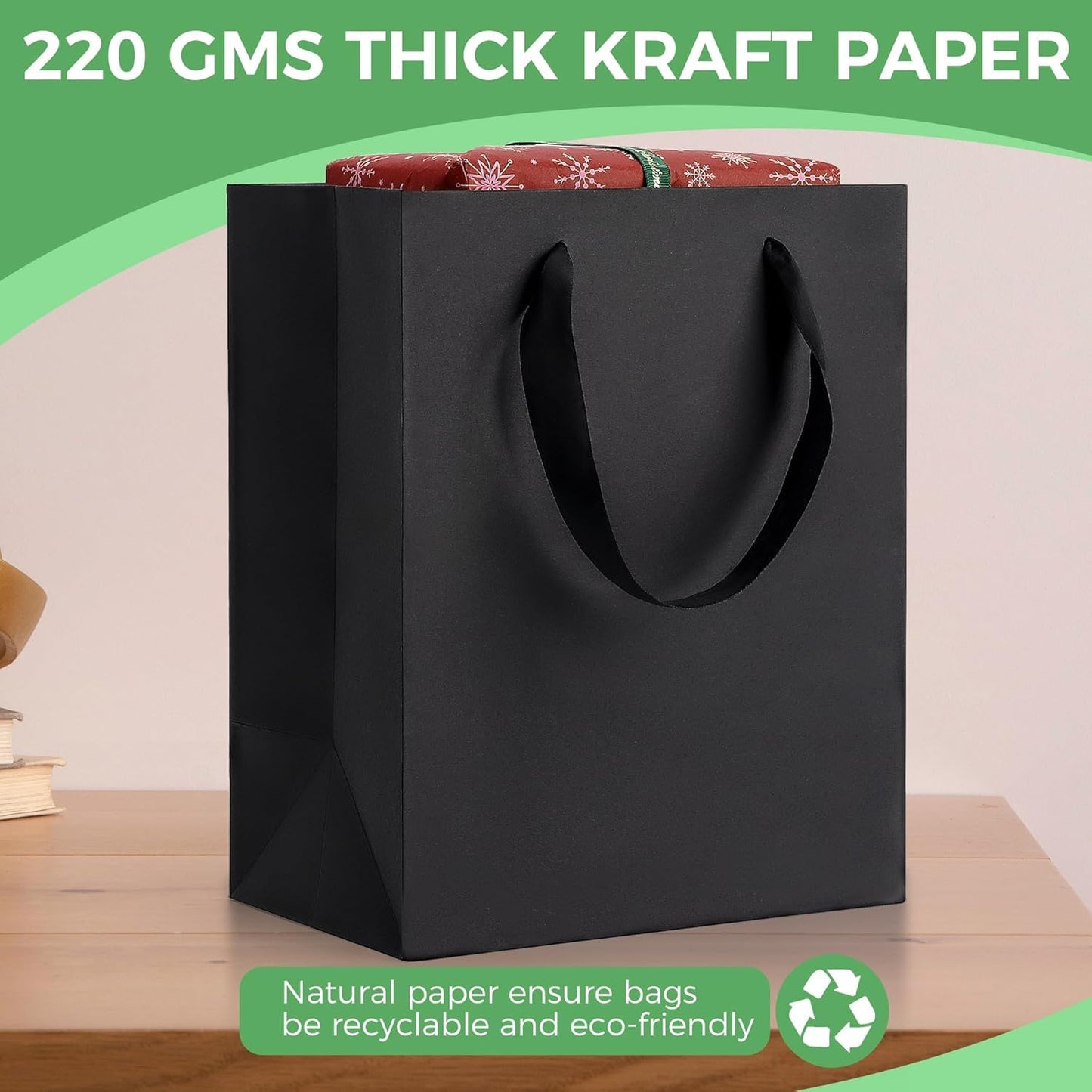 PrimeSign Black Gift Bags With Handles: 8x5x10 Inch 50 Pack Medium Paper Bags Bulk For Party Shopping Wedding Birthday Graduation Fathers Day