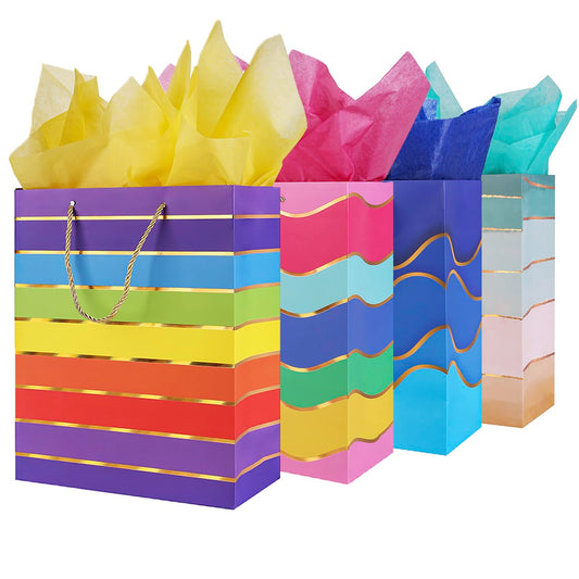 Cmecial 12.6" Paper Gift Bags with Tissue Paper, Extra Large Gift Bags with Handles, Birthday Rainbow Bag Large Size, Medium Birthday Bags Wrap Bag for Kids