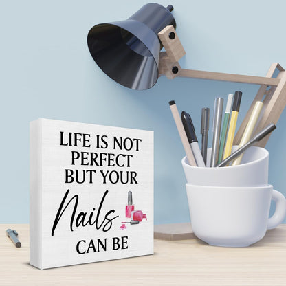 Nail Tech Gift - Nail Technician Gift Ideas - Rustic Life Is Not Perfect But Your Nails Can Be Wooden Sign Home Girls Bedroom Salon Beauty Shop Decor - 5 x 5 Inches