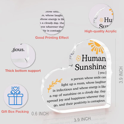 Thankful for You Gifts Inspirational Gifts for Women Human Sunshine Sign Heart Shape Acrylic Plaque Inspirational Quotes Christmas Birthday Gift for Social Worker Coach Nurse Home Office Desktop Decor