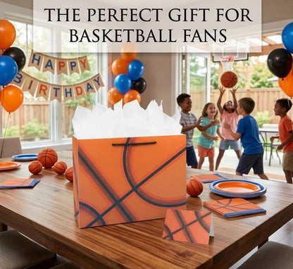 Oletx 13” Basketball Party Favor Gift Bags, Large Basketball Gift Wrapping Bag with Tissue Paper for Sports Party Birthday Goodie Gifts Treat Wrapping Bags