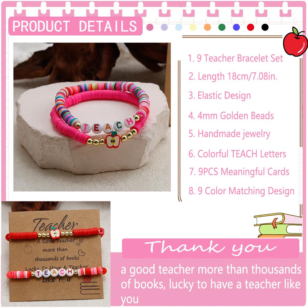 COLOYAN 18PCS Teacher Appreciation Gifts for Women Men, Teacher Gifts Wooden Beaded Bracelet elastic Clay Bracelet, Birthday Christmas Thanksgiving Thank You Gifts for Teachers
