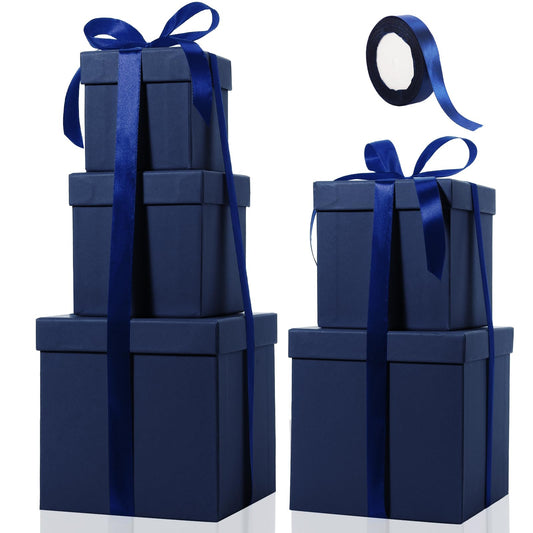 Cholemy 5 Pcs Square Nesting Boxes Decorative Gift Boxes with Lid and Ribbon Assorted Sizes Wrap for Wedding, Carnival, Anniversary, Birthday, Bridal Shower Party Gifts(Navy Blue)