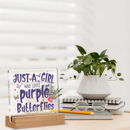 Purple Butterfly Gifts for Women Butterfly Lovers, Birthday Gifts for Friends Coworker, Just A Girl Who Loves Purple Butterflies Acrylic Plaque Desk Signs Decor 4 × 4 Inches