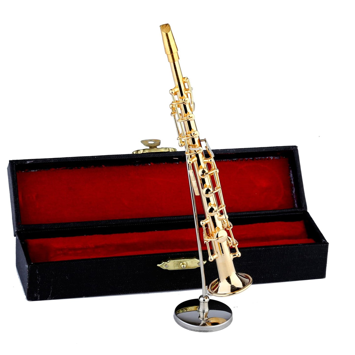 Miniature Soprano Saxophone with Stand and Case Brass Mini Musical Instrument Soprano Saxophone Replica Collectible Figurines Model Birthday Gifts Home Decoration Display Ornament (6.11")