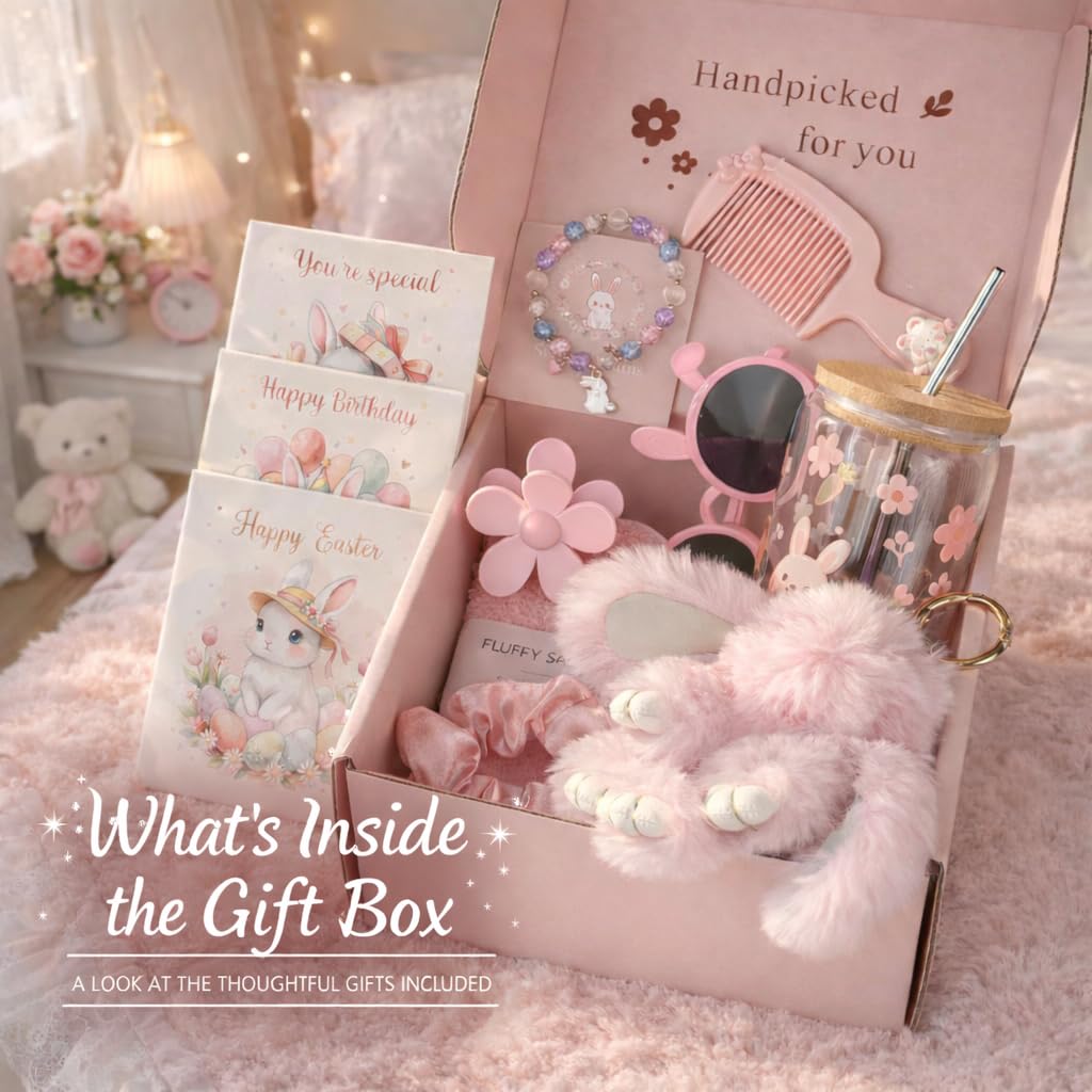Easter Gifts for Teen Girls, Bunny Gift Basket with Tumbler, Socks, Scrunchie, Bracelet, Sunglasses & Plush Bunny, Cute Pink Gift Box Self Care Gift Set