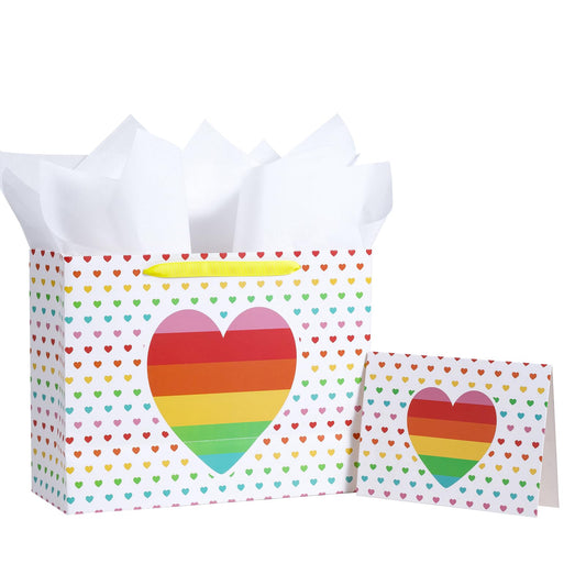 Loveinside Rainbow Gift Bag, Colorful Hearts Design, Medium Size Bag with Tissue Paper, Tag, Greeting Card, Ideal for fo Diversity Rainbow Celebrations, Birthday, Holiday, 13" x 5" x 10", 1 Pcs
