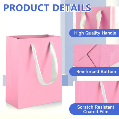 Ethhqu 12-Pack Small Pink Gift Bags with Handles - Includes 24 Tissue Papers, 6.3x4.7x2.4 Inches Mini Gift Card Bag for Birthday Party, Baby Shower, Wedding, Holiday